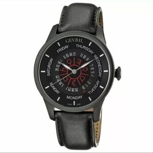 GEVRILColumbus Circle Automatic Black Dial Black Leather Men's Watch 2001 #109